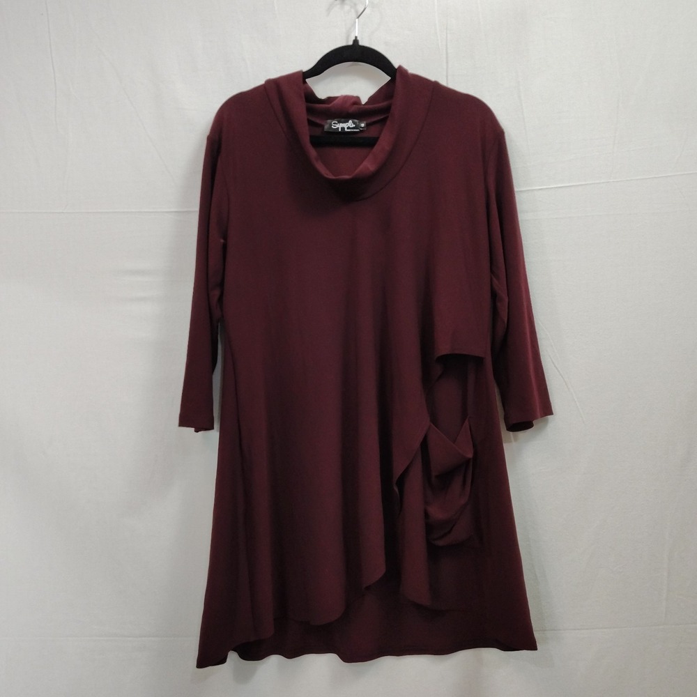 Sympli Top Women 14 Burgundy Cowl Neck 3/4 Sleeve Stretch Lagenlook Travel Tunic